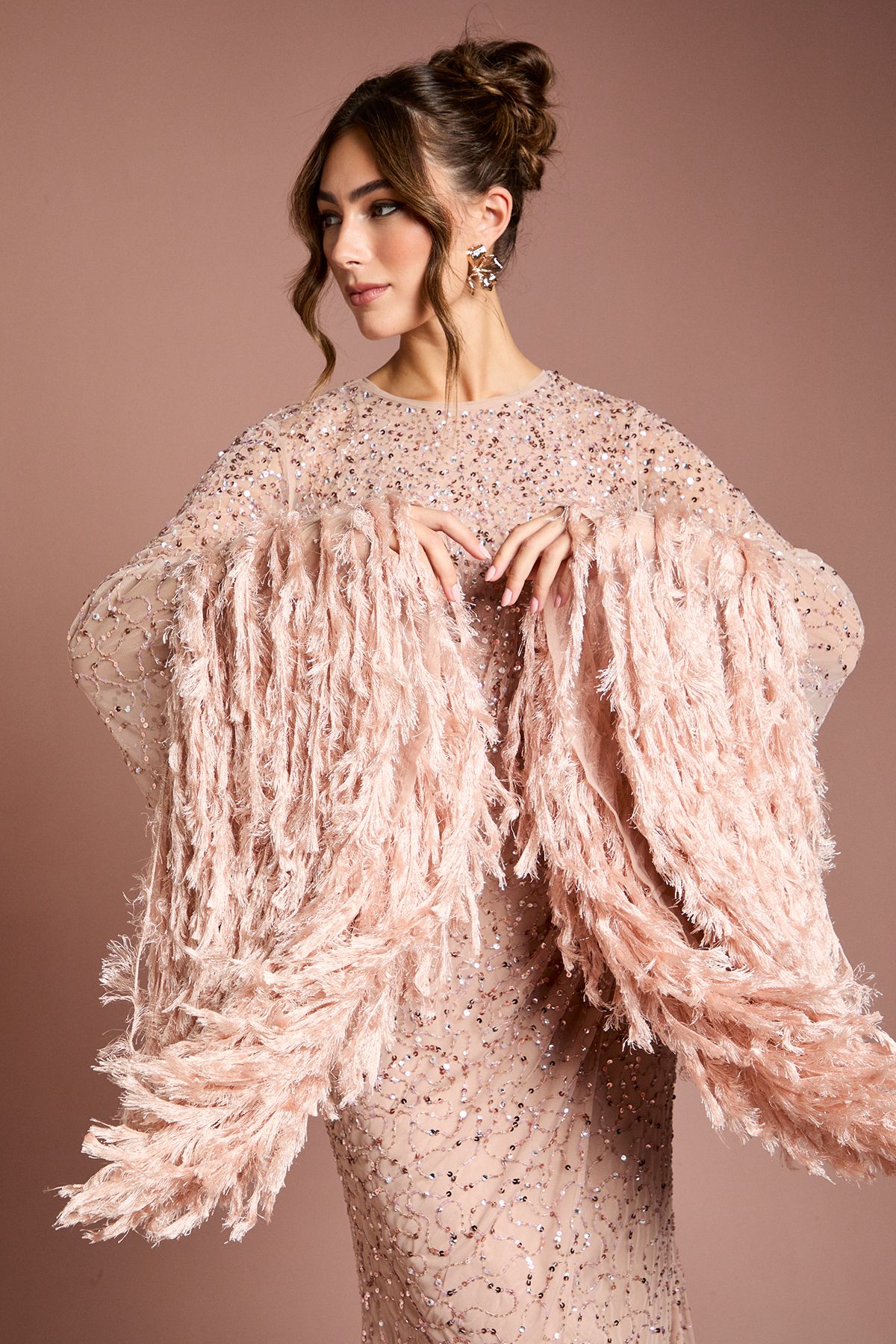 Coast Sequin Embellished Feather Trim Black Tie Maxi Dress