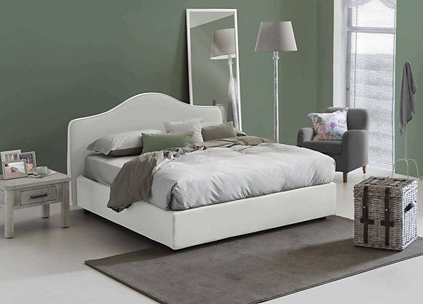 Lit double Dfiasch, Lit coffre avec revêtement en tissu, Ouverture frontale, adapté pour matelas 160x200 cm, Blanc
