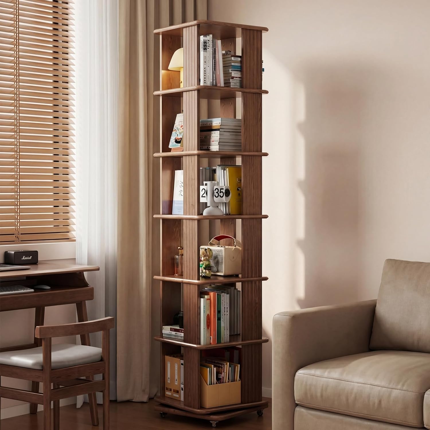 Solid Wood Rotating Bookshelf, 6-Tier Rolling Bookcase，360 Degree Revolving Bookshelf，Spinning Bookshelf Tower for Small Spaces, Bedroom，Office，Living Room，Classroom (Walnut)