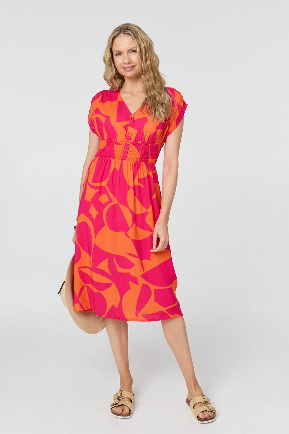 Izabel London Abstract Cap Sleeve Shirred Midi Dress