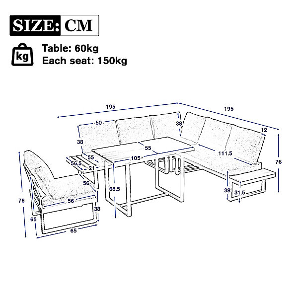 Ensemble de salon de jardin exterieur avec inclinaison réglable,avec table à manger,gris   noir