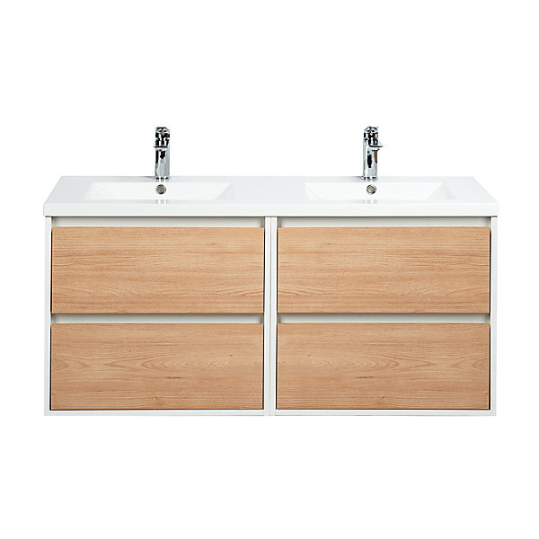 Pack Meuble prémonté 120 blanc effet bois-Vasque résine-Robinets chromé-Miroirs ELY - bain-bain