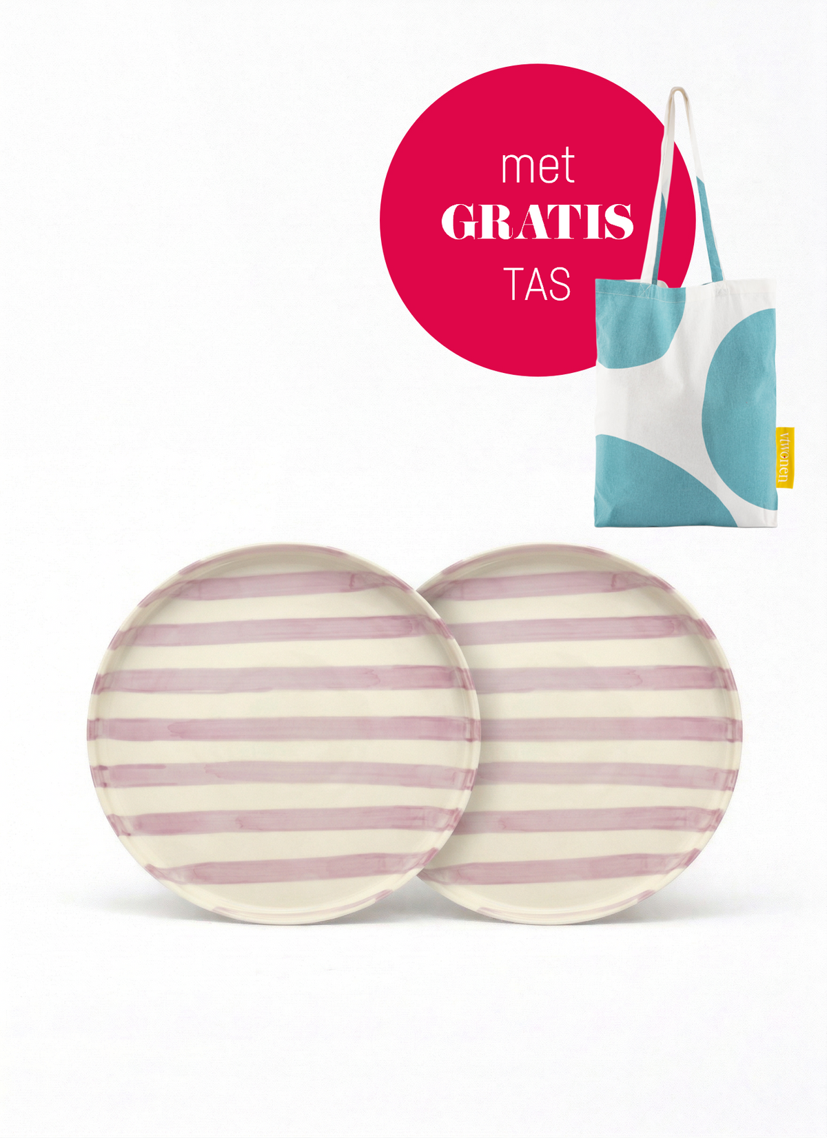 vtwonen - Lunchbord - Strepen - Lila - Set van 2 - Keramiek - 20cm