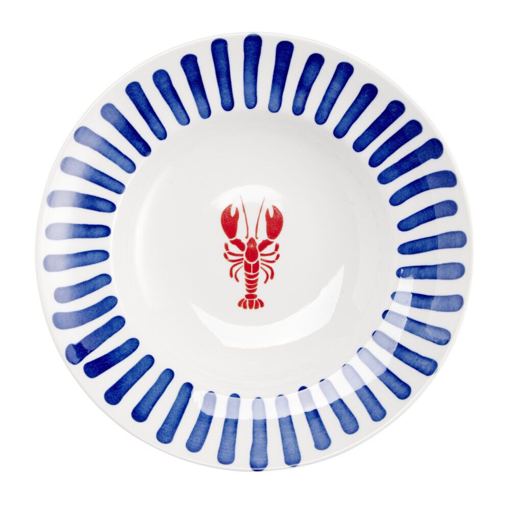 Assiette à pâtes porcelaine décor homard et traits bleus Ø26,5cm