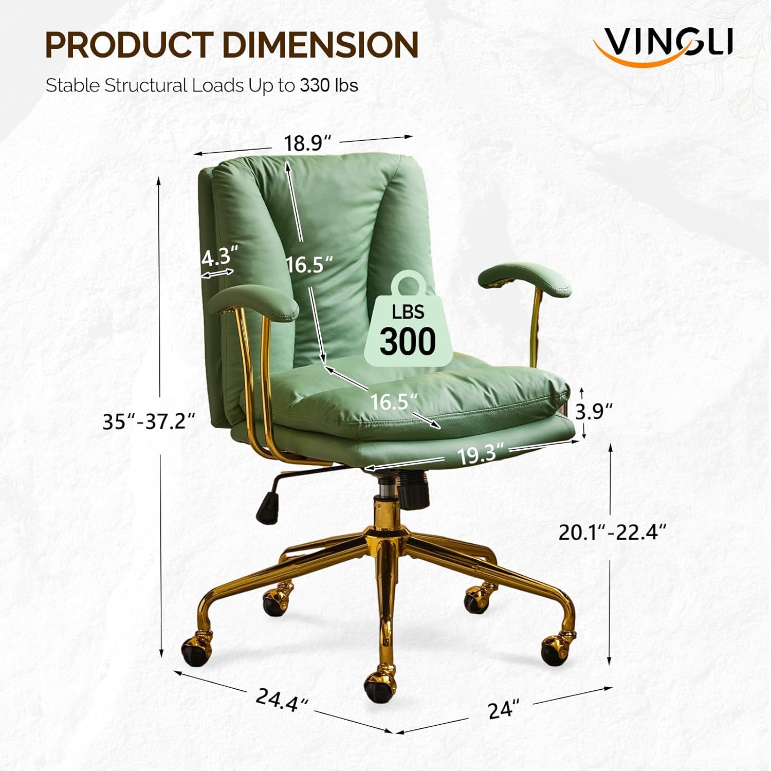 VINGLI Home Office Desk Chair Comfy with Wheels & Removable Armrests,Gold Base Vanity Chair with Back,Adjustable Rolling Swivel Computer Task Chair for Study,Makeup,Office,Cat Scratch PU,Green