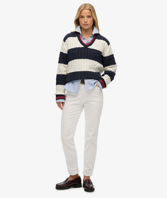 Stripe Oversized Cable V Neck Jumper