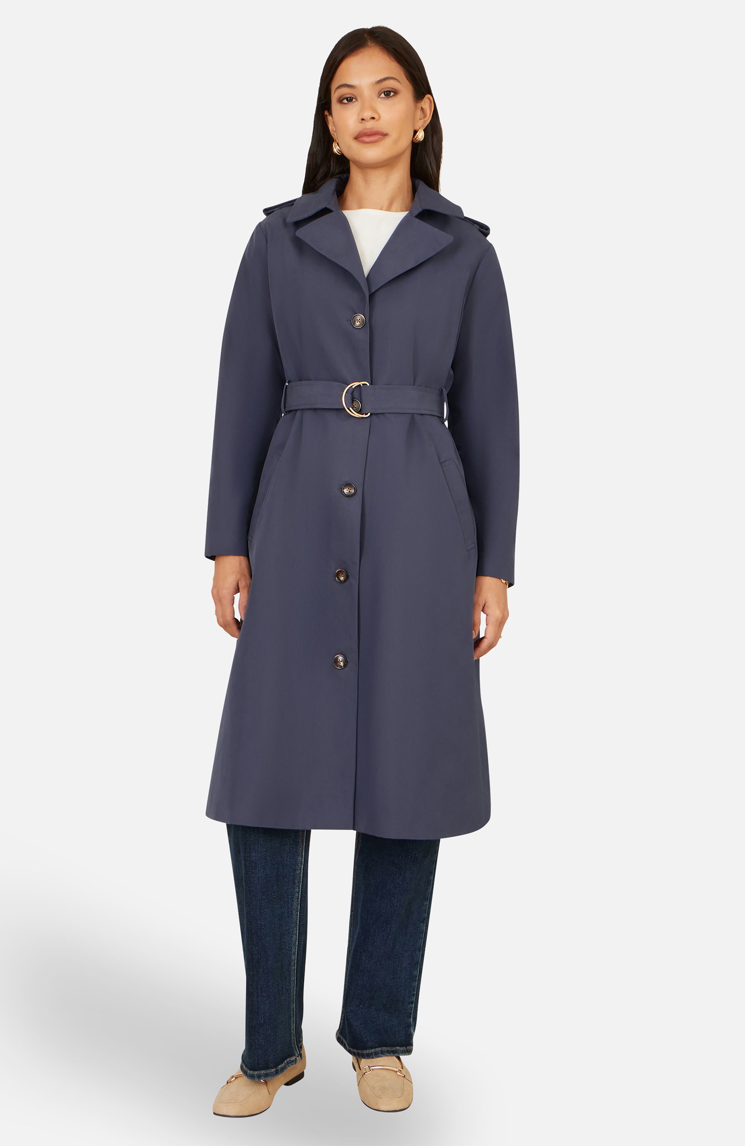 Yumi Navy Belted Long Trench Coat With Belt