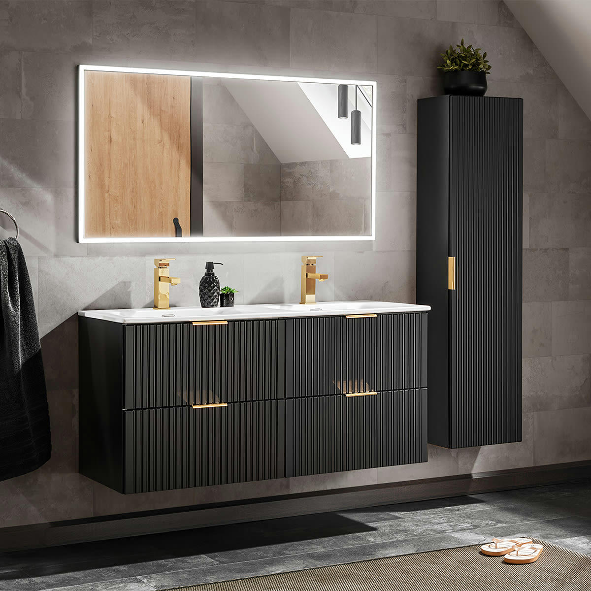 - Ensemble meuble double vasque encastrée 120cm et colonne noir