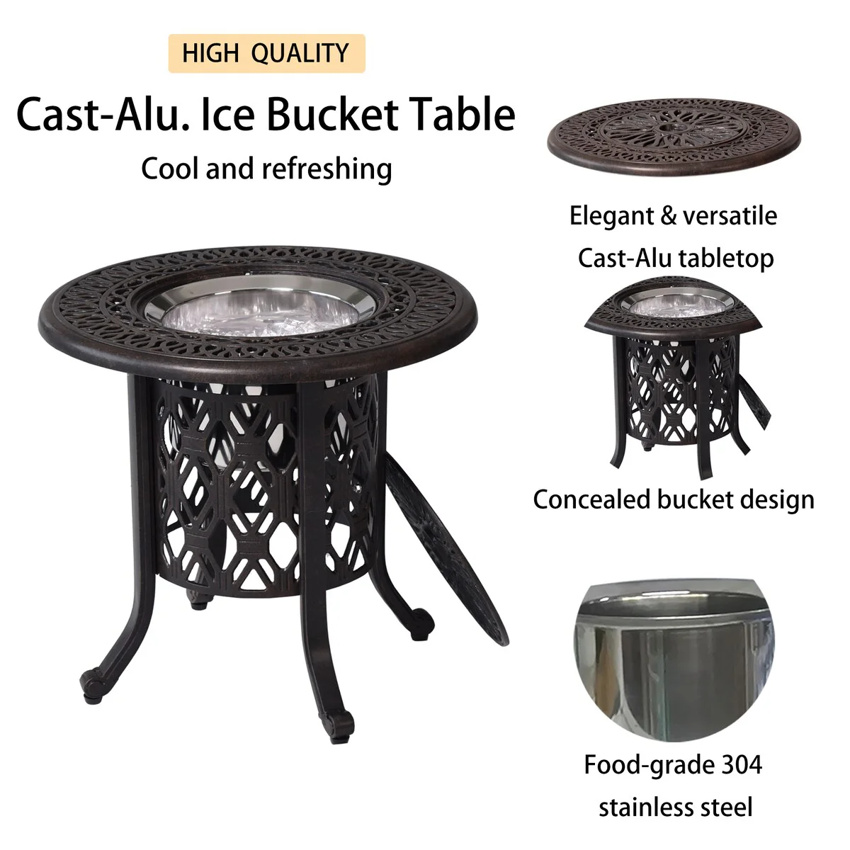 Patio Aluminum Side Table w/ Food Grade 304 Stainless Steel Ice Bucket - 21Round-Ice-Bucket