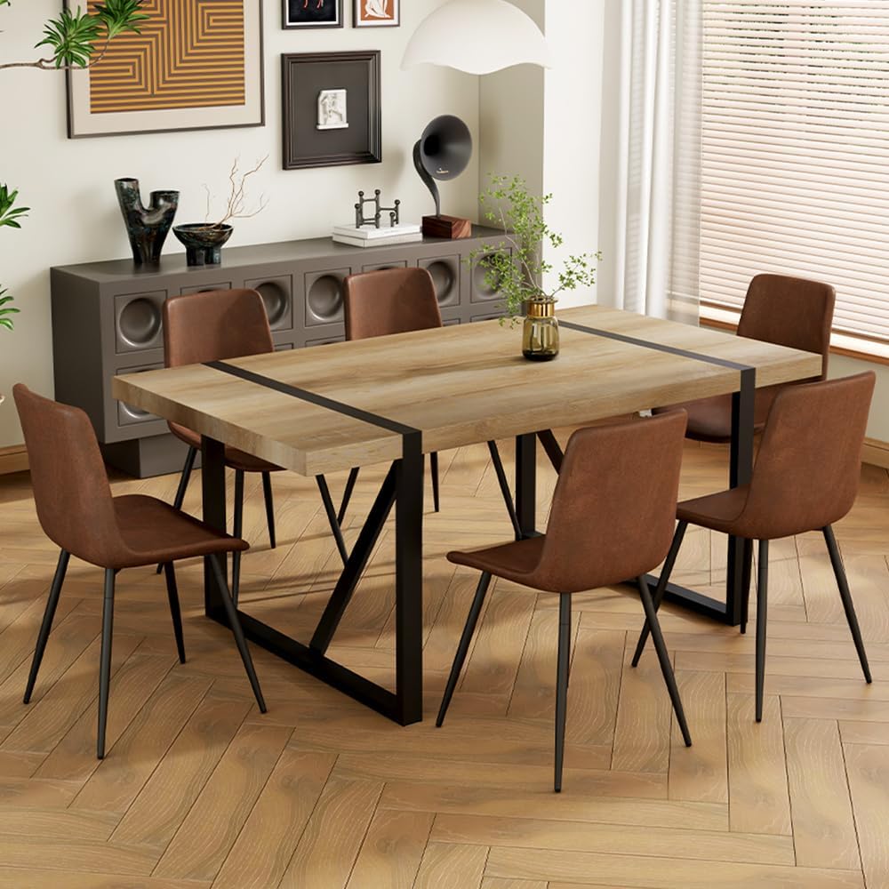 Dining Table Set for 6, 71'' Wood Dining Table and Chairs Set of 6, Modern Rectangle Wood Table, Fabric Dining Chairs 6, Suitable for Home, Kitchen, Dining Room, Living Room
