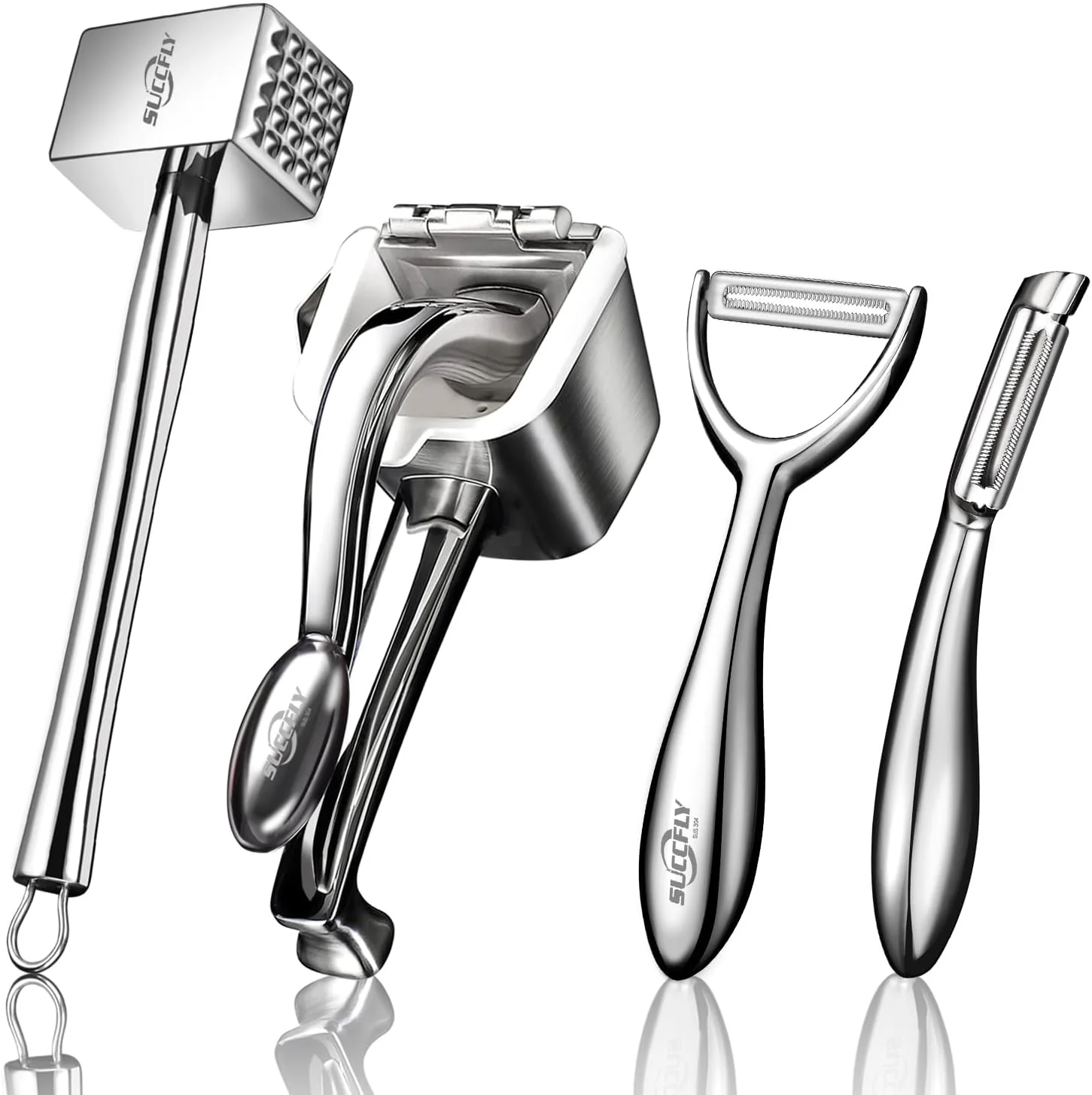 Premium Kitchen Tool Kit, Heavy Duty Manual Juicer + Meat Tenderizer + Y Peeler + I Peeler, Food Grade Stainless Steel Ultra Durable