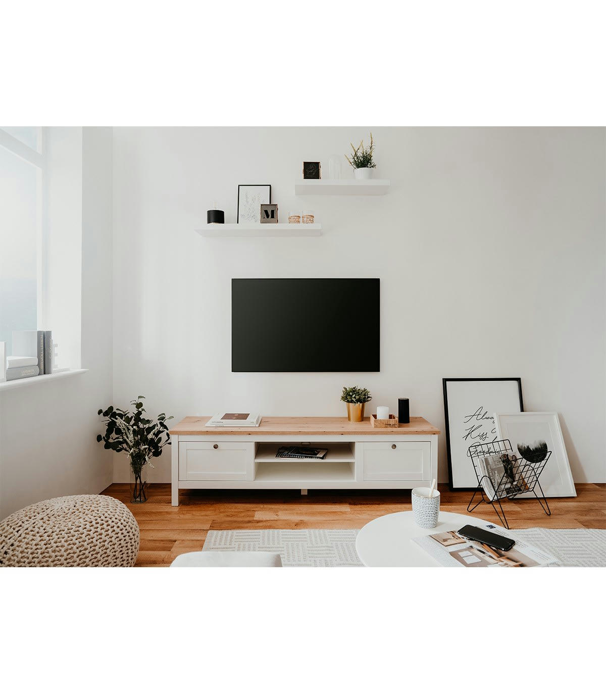 BERGEN - Meuble TV 2 tiroirs L160 cm - Décor Blanc et bois