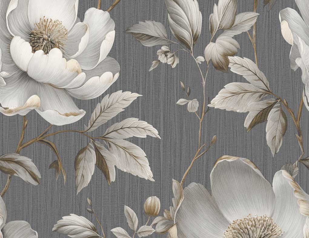 Papiertapete Große Blüten Beige, Anthrazit