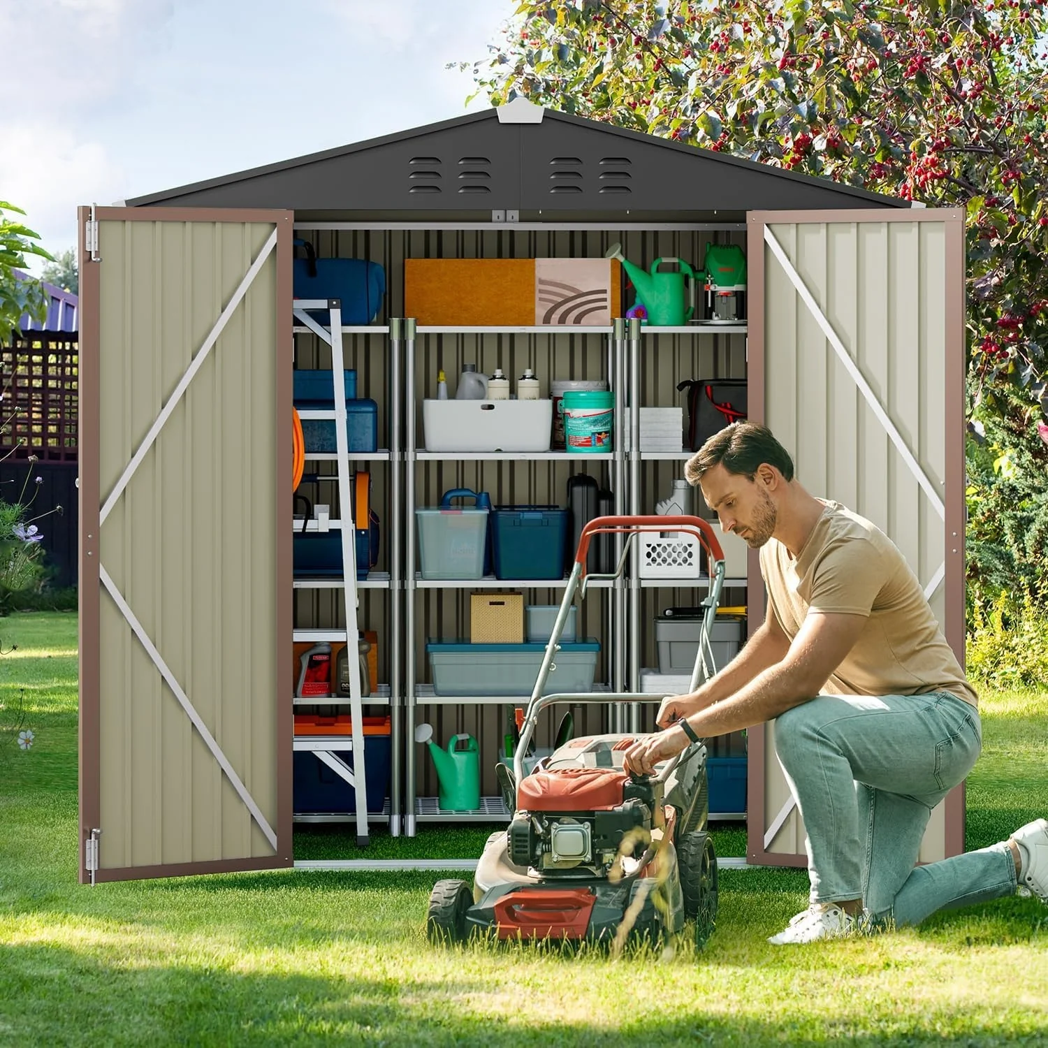 6' x 4' Outdoor Rust- Resistant Metal Garden Ventilated Storage Shed, Backyard Metal Tool Storage with Lockable Double Doors