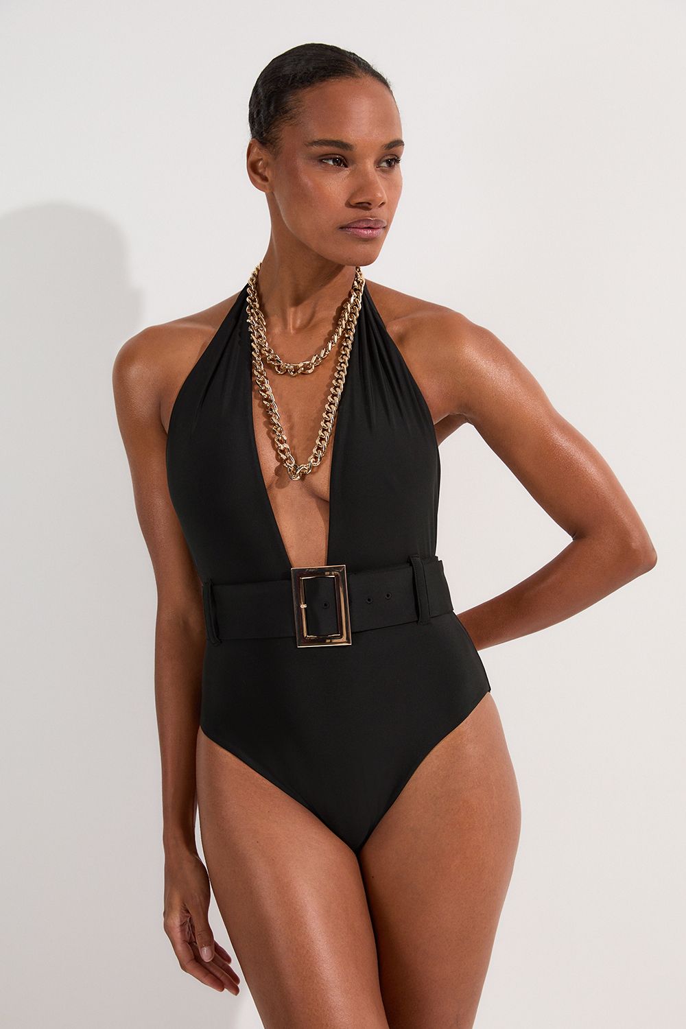 KarenMillen Hardware Detail Belted Plunge Swimsuit