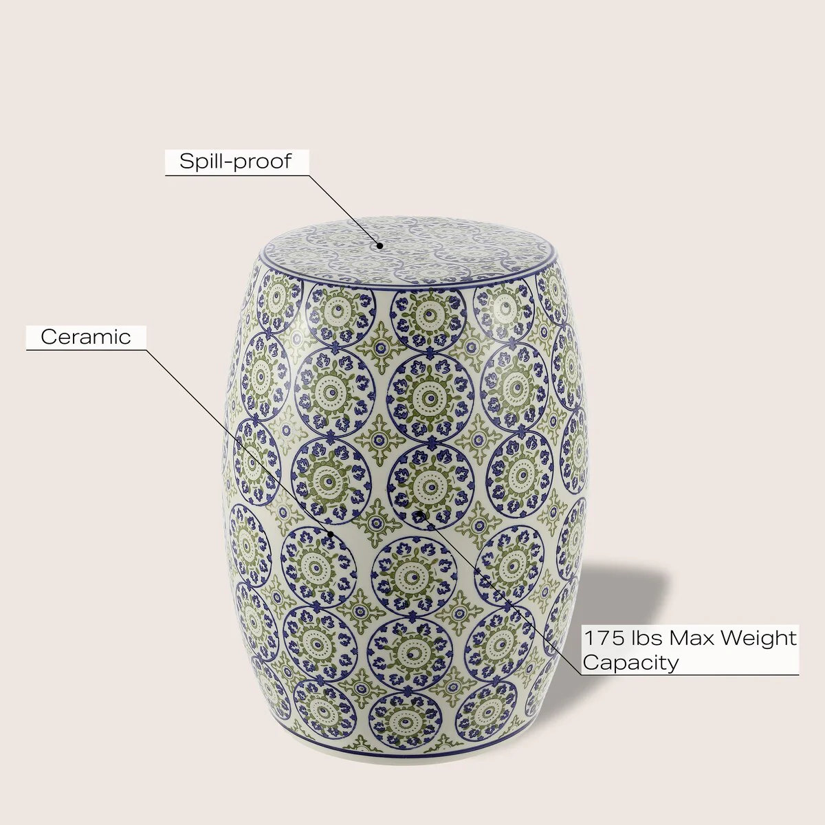 Chiara 17.25 Suzani Ceramic Garden Stool, Blue/Green, by JONATHAN Y
