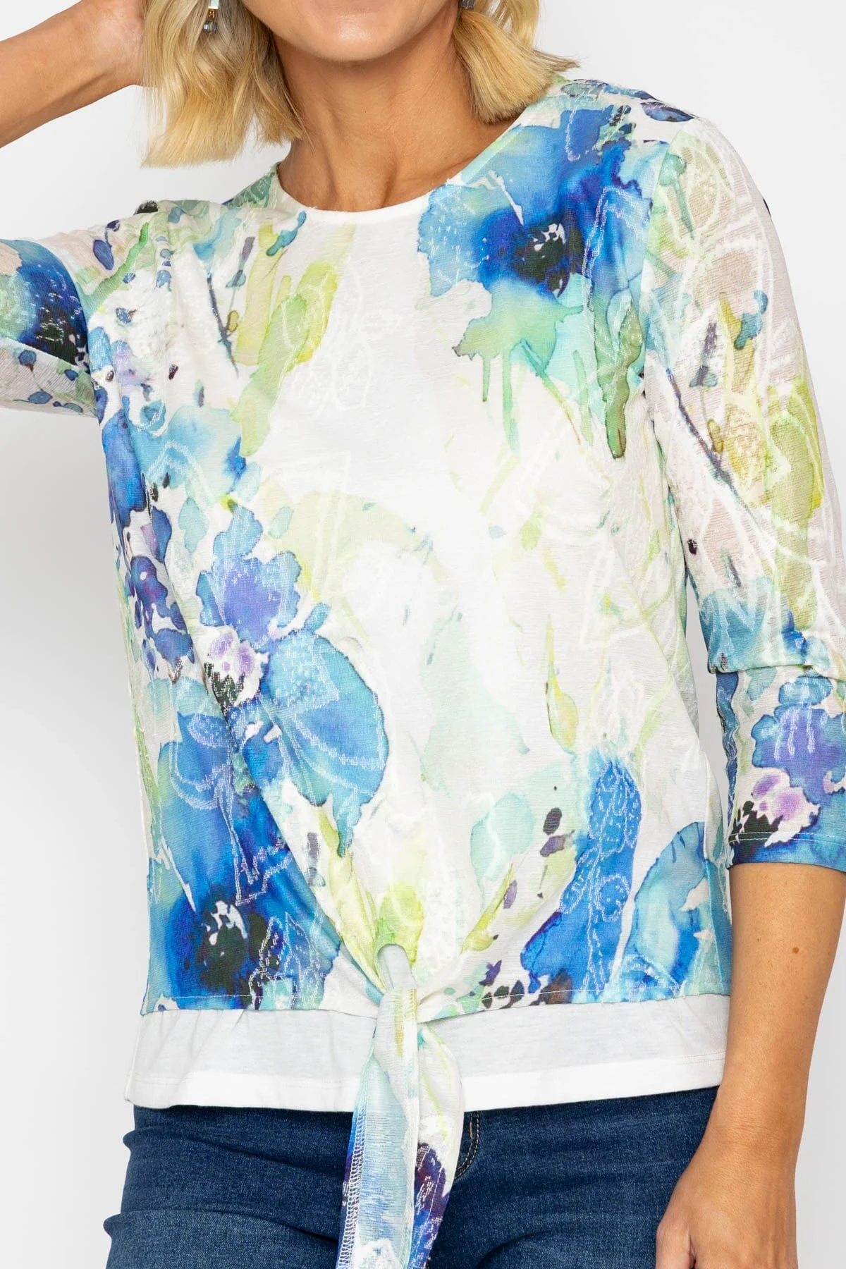 Blue Printed Top With Tie Hem