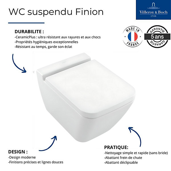 Pack WC suspendu sans bride VILLEROY ET BOCH Finion   abattant   plaque blanche   bâti
