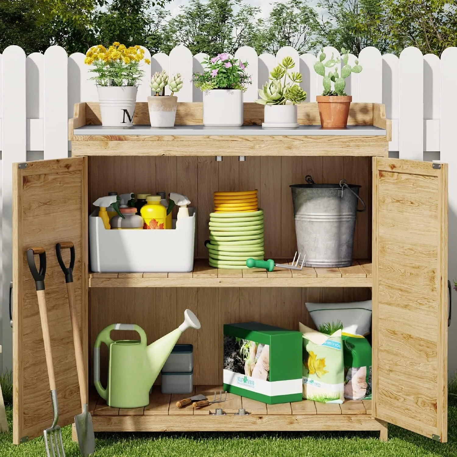 Outdoor Potting Bench with Metal Tabletop, Outdoor Garden Patio Wooden Storage Cabinet with Adjustable Shelf