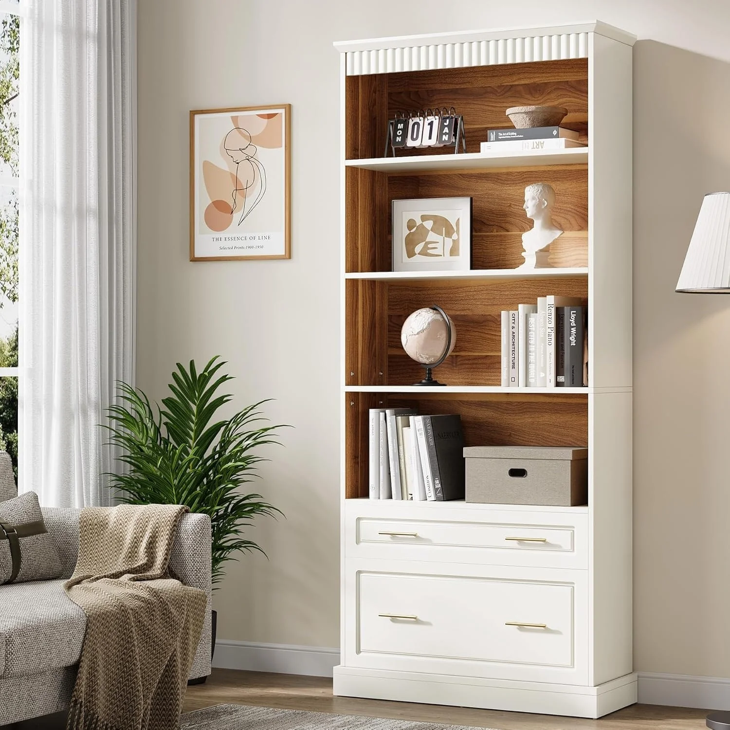 72 Tall White 5-shelf Bookcase Bookshelf with 2 Drawers