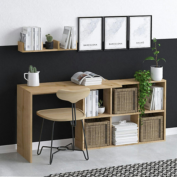Bureau avec rangement cubes et étagère effet chêne MARFA