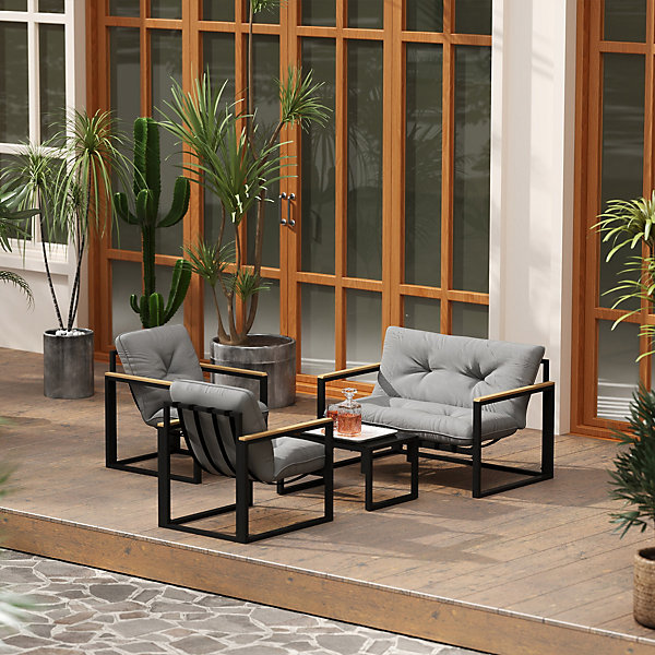 Ensemble salon de jardin 4 places 4 pièces coussins gris acier époxy noir plastique effet bois