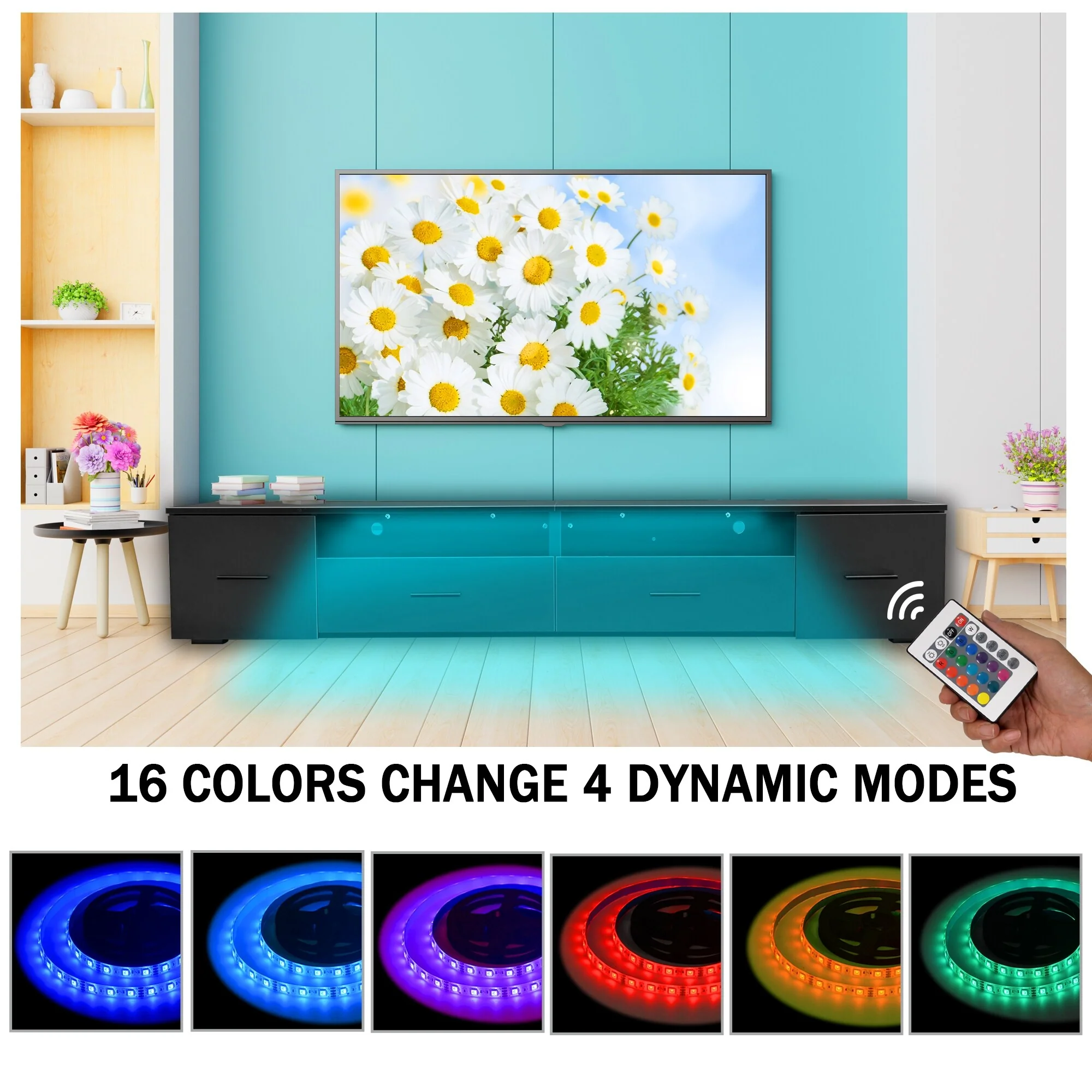 Black 83 TV Stand with Drawers & Waterproof RGB Lights for TVs Up to 90