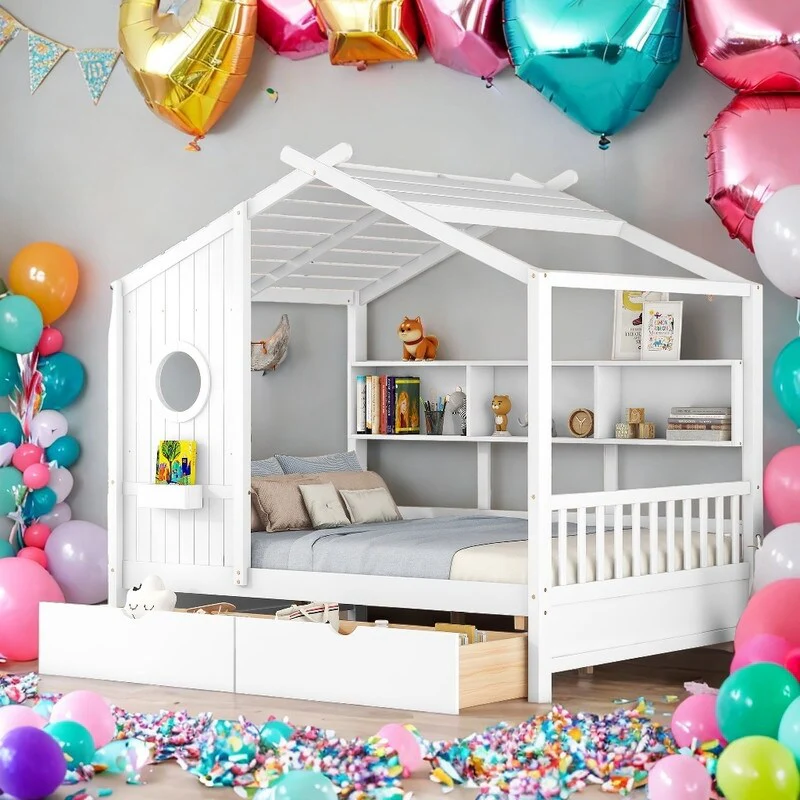 2 Color Wooden Full Size House Bed with 2 Drawers, Kids Bed with Storage Shelf