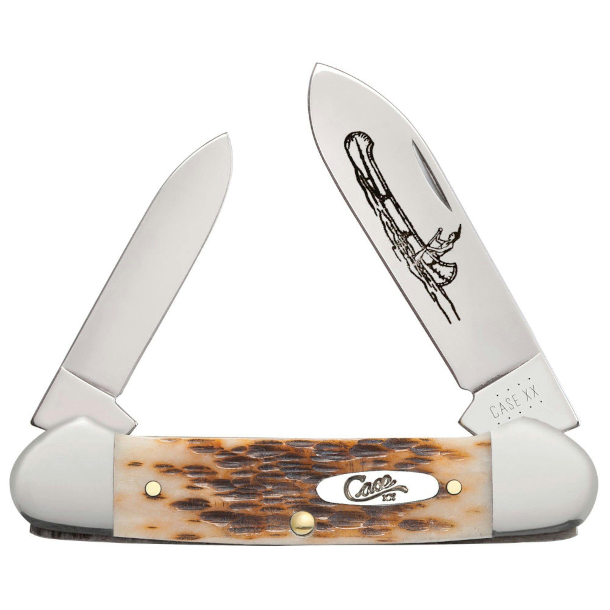 Case Amber Bone Peach Seed Canoe Pocket Fishing Knife w/ Spear & Pen Blades