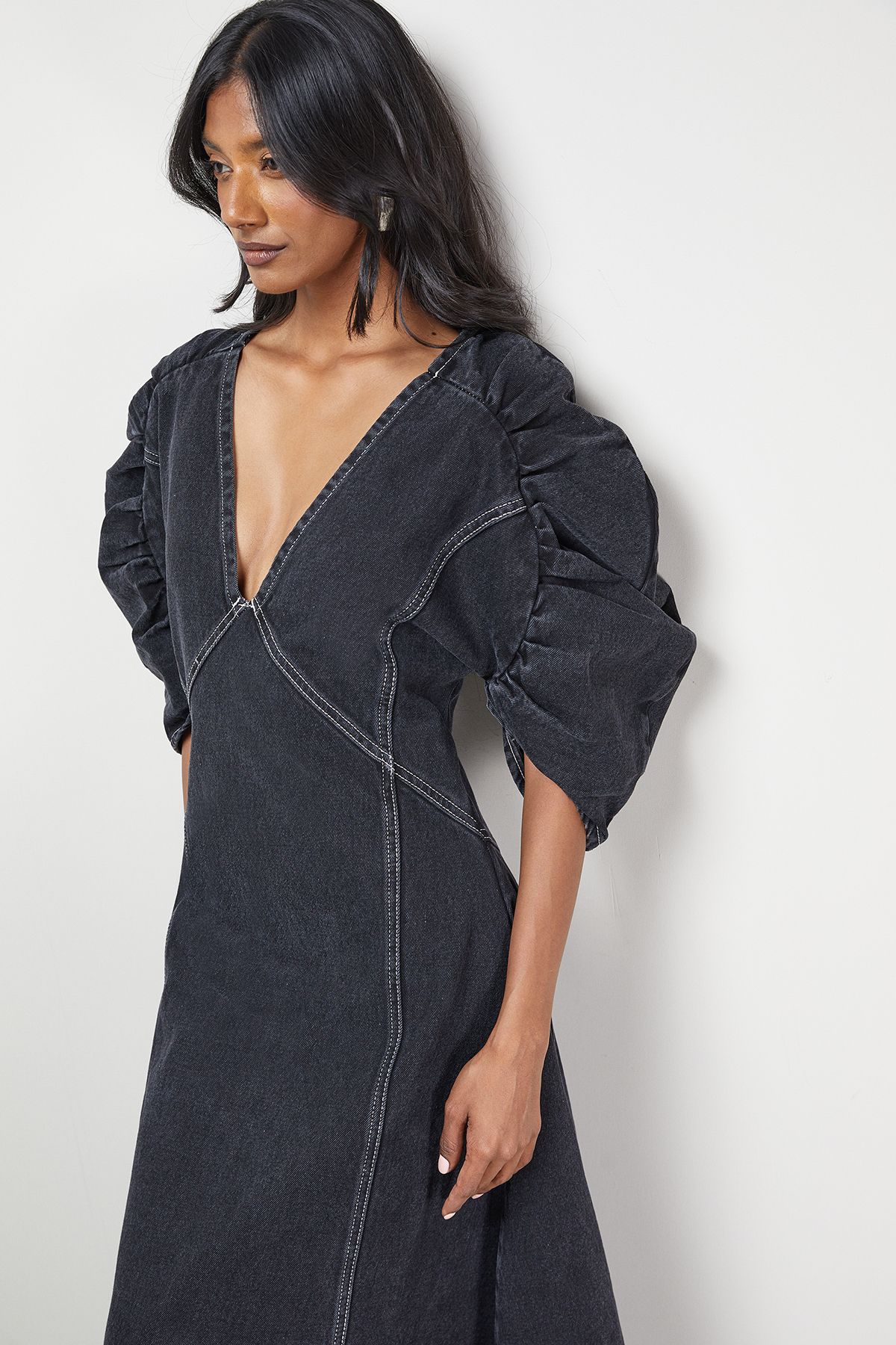 Warehouse Denim Gathered Shoulder Seam Detail Midi Dress