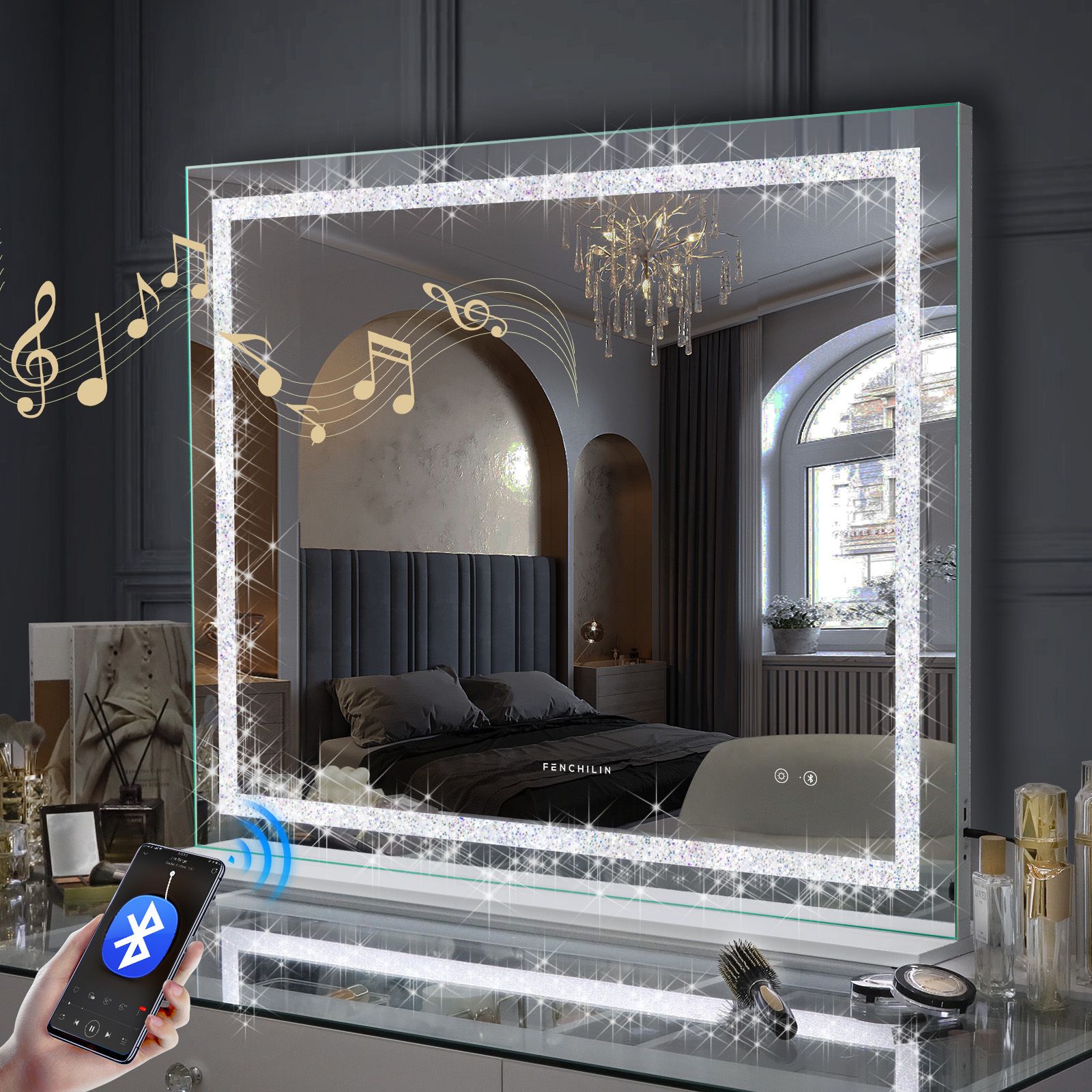 FENCHILIN Crystal Hollywood Vanity Mirror with Lights Bluetooth Hollywood Led Strip Music Mirror 80x58cm