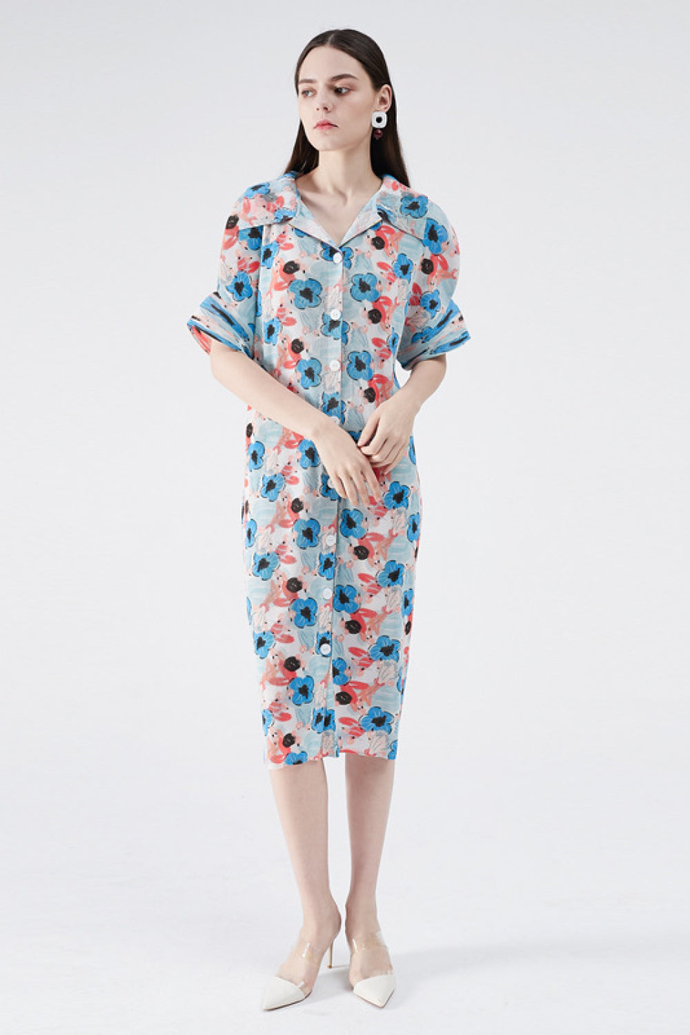 Floral Pleated Tie Waist Shirt Dress