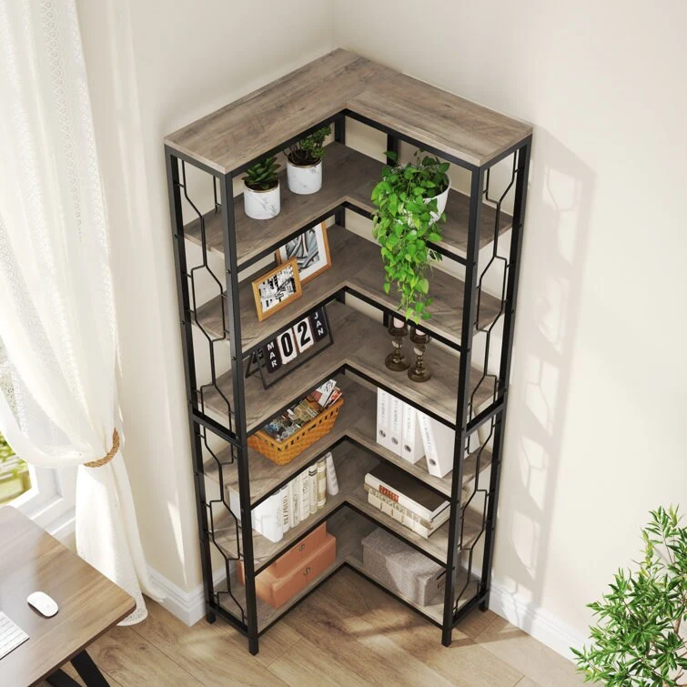 7-Tier Corner Shelf, Industrial Corner Bookshelf, Wood and Metal Corner Etagere Bookcase