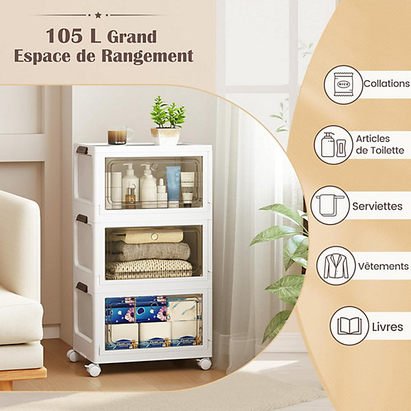 Lot de 3 Boîtes de Rangement Empliable, Portes Transparentes &4 roulettes Universelles 2 Ouvertures (105 L)