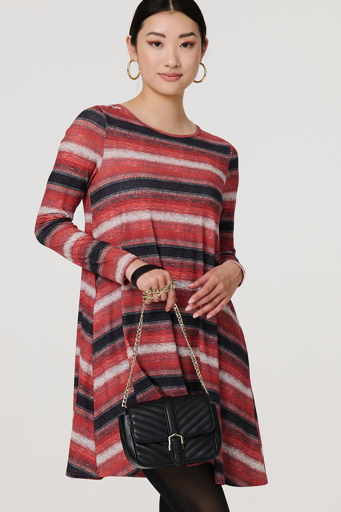 Izabel London Striped Long Sleeve Short Swing Dress