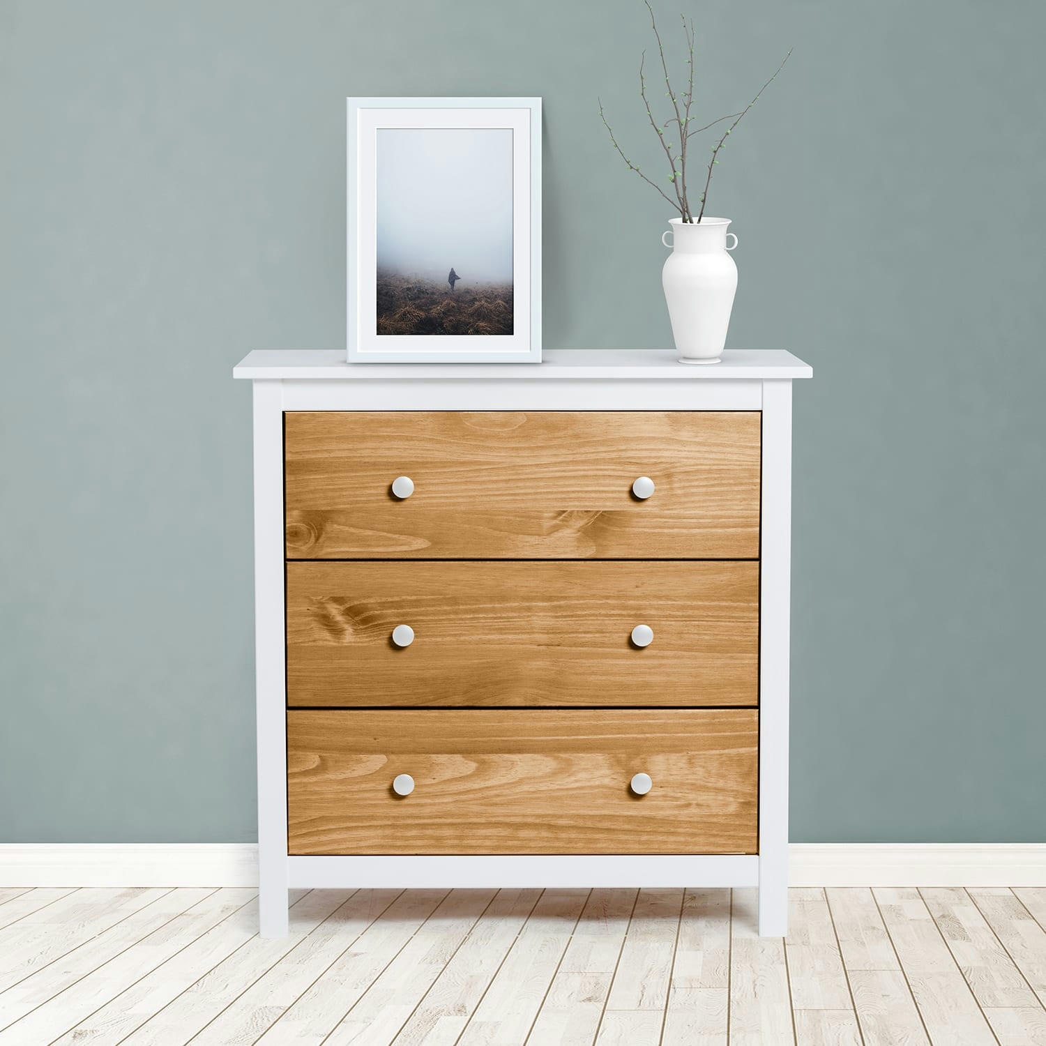 BONNIE - Commode blanc 3 tiroirs, fabriqué en bois de pin massif