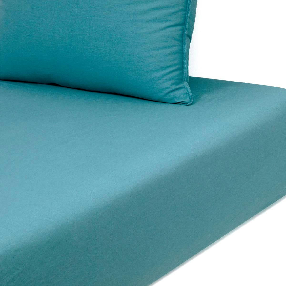 PALERME - Drap housse en satin de coton lavé bleu 180 x 200 cm