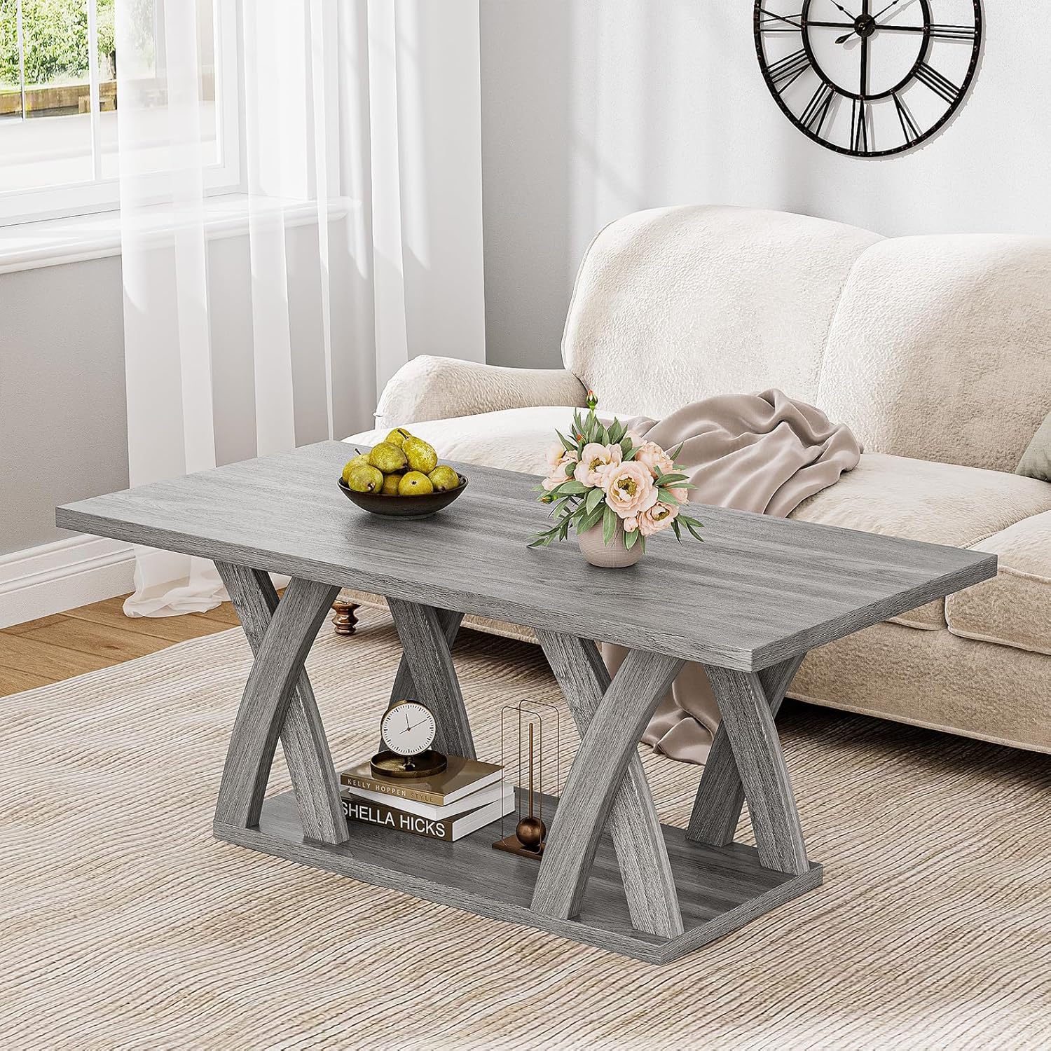 47” Farmhouse Coffee Tables for Living Room Rustic Stands with Storage Shelf Grey Coffee Tables for Living Room Farmhouse Center Stands with Shelf Wood Rectangle Center Table
