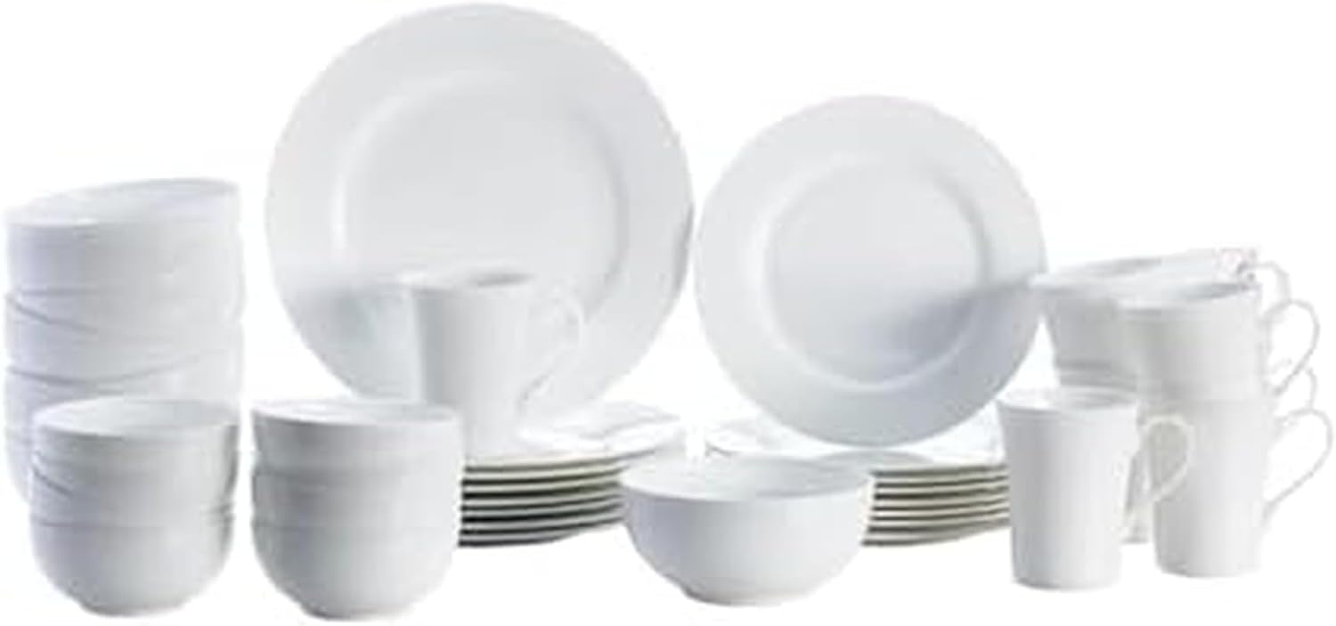 Mikasa Delray 40-Piece Bone China Dinnerware Set, White Round Dishes for 8 - Dinner Plates, Salad Plates, Cereal Bowls, Fruit Bowls and Mugs