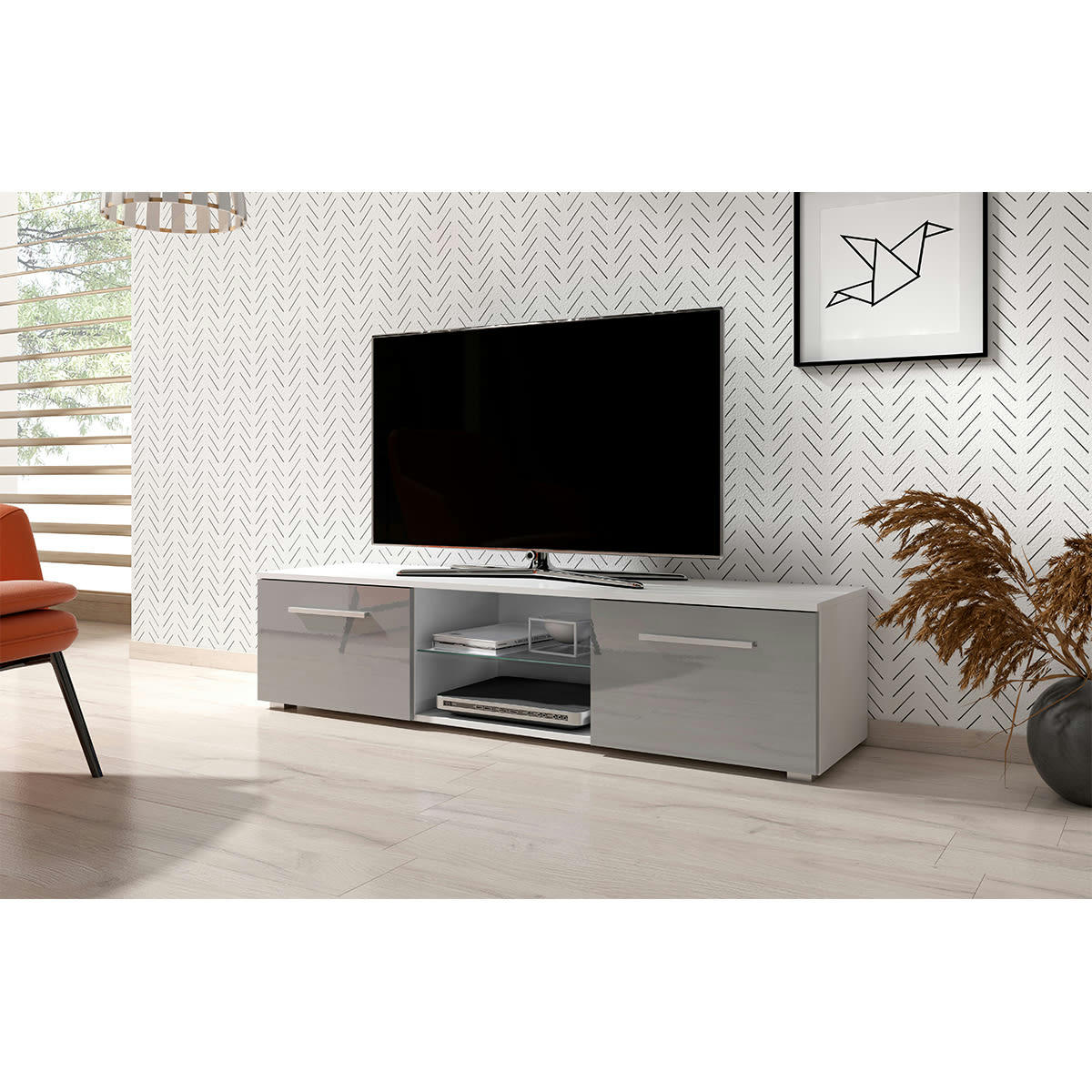 - Meuble tv 2 portes 140 cm blanc et gris