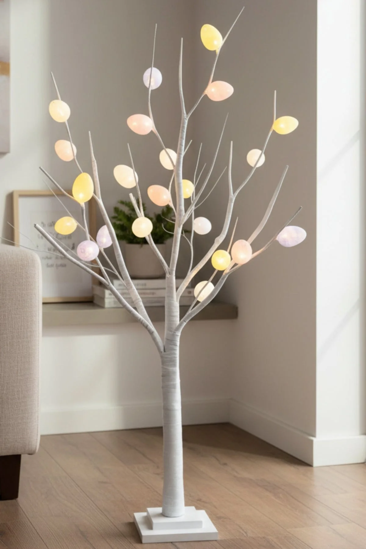 White LED Decorative Tree with Multicoloured Eggs