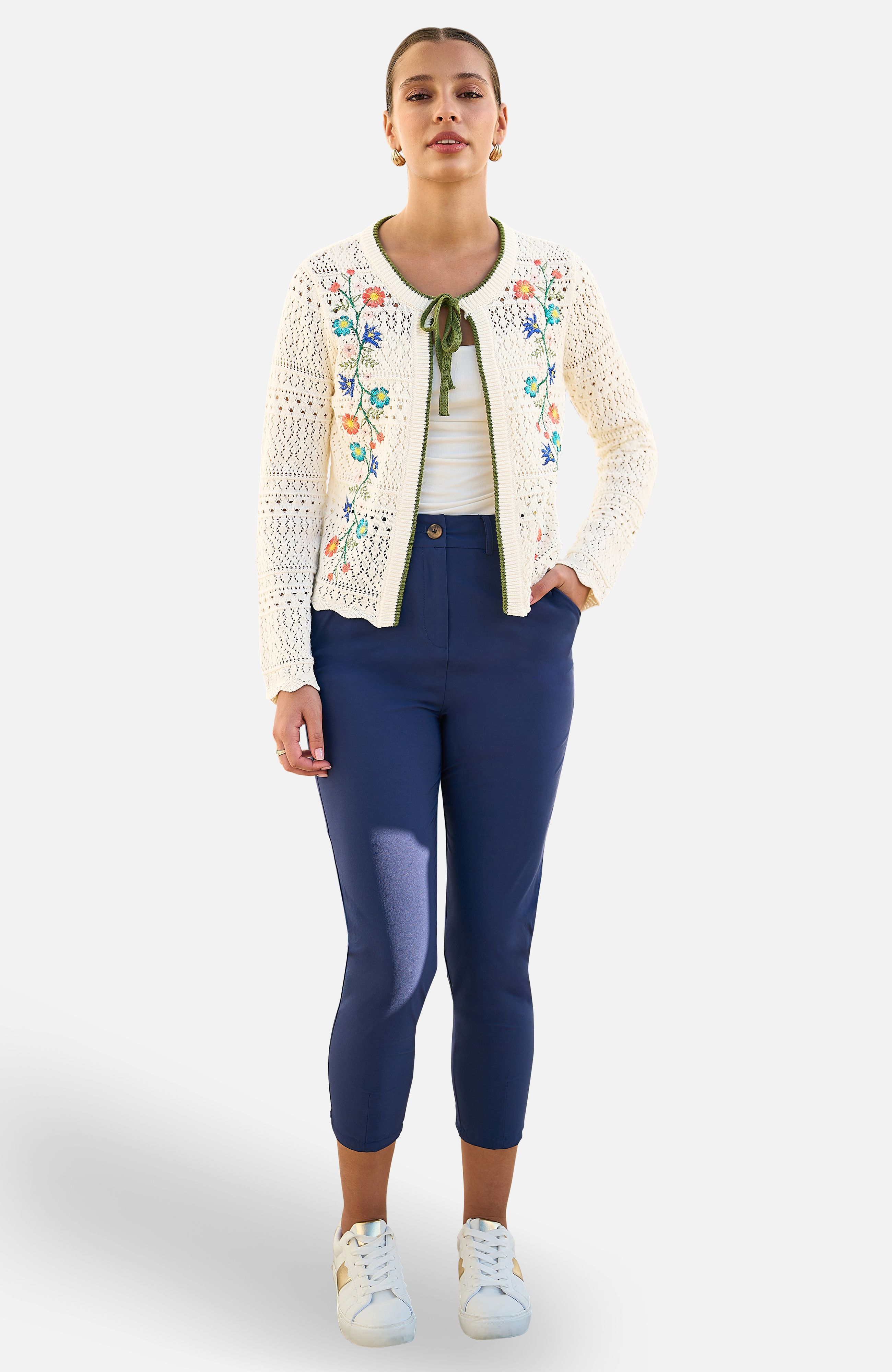 Yumi Ivory Crochet Knitted Tie Front Cardigan With Floral Embroidery