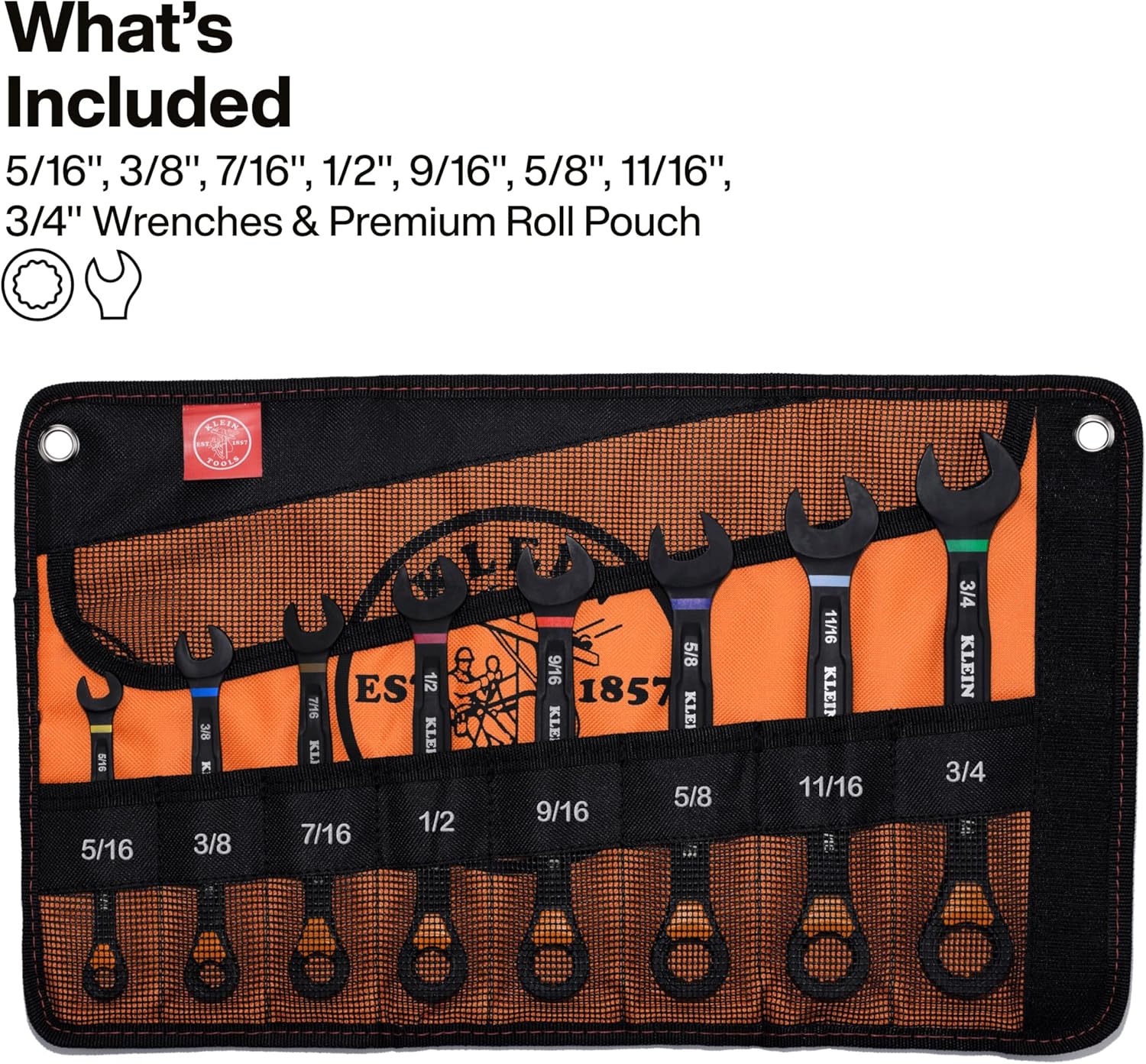 KLEIN TOOLS 69508 SAE Ratcheting Combination Wrench Set, 8-Piece, Slide-Lock 90-Tooth Ratchet, I-Beam Handle, Color-Coded Size Markings, Roll Pouch Storage
