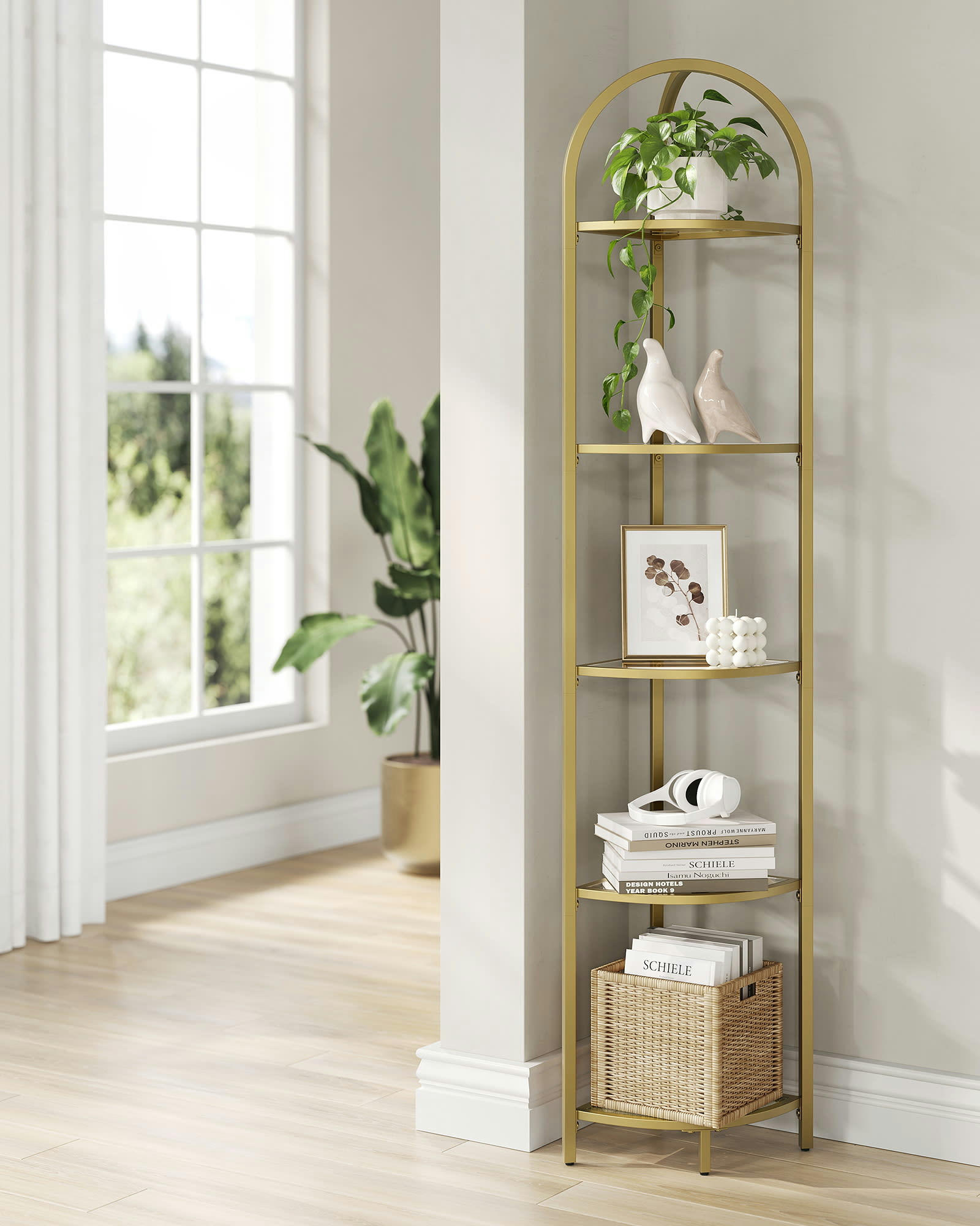 - Étagère d’angle à 5 niveaux en verre trempé doré métallique