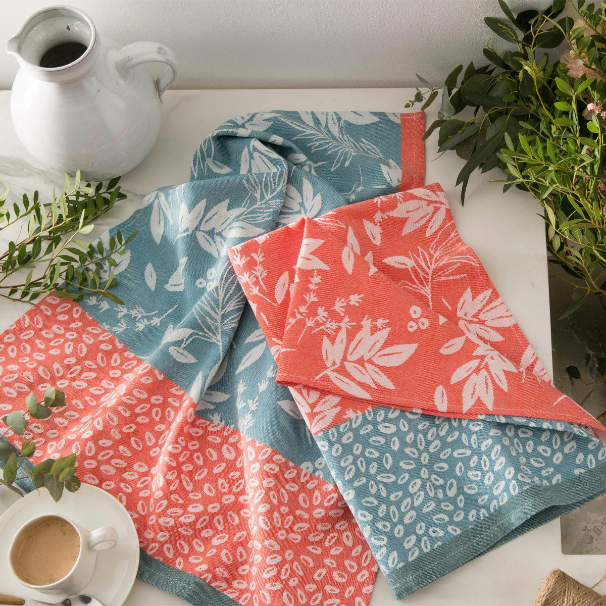 FEUILLAGE - Lot de 2 torchons imprimés en jacquard de coton 50x75