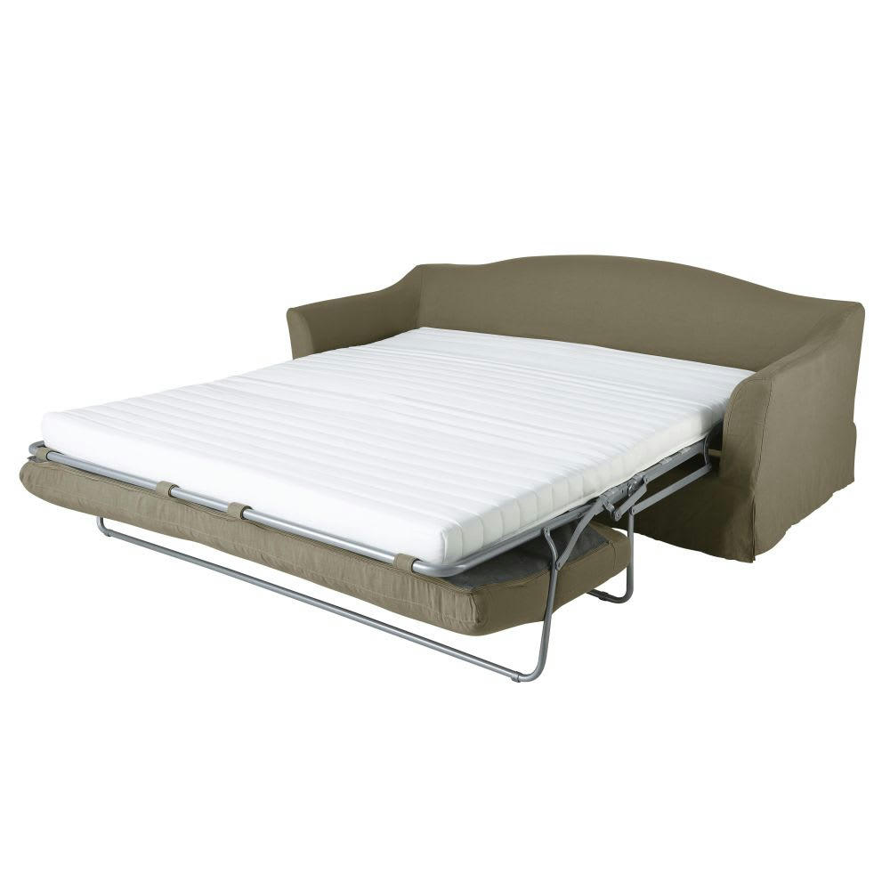 Anaelle - Canapé convertible 3/4 places en lin vert kaki