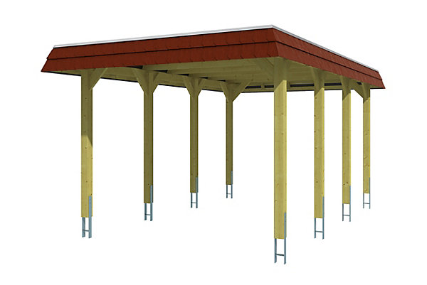 Carport SKAN HOLZ Spreewald 345x589cm, toit en aluminium, bandeau rouge, bois résineux imprégné vert