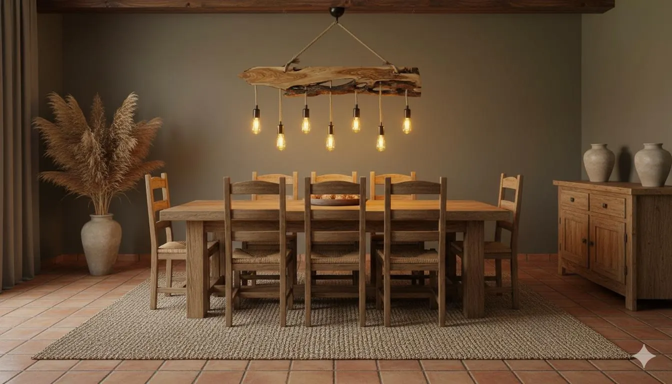 Olive Wood Rustic Light Fixture, Farmhouse Wooden Live Edge Chandelier For Dinign Room, Unique Ceiling Light For Dining Table and Kitchen