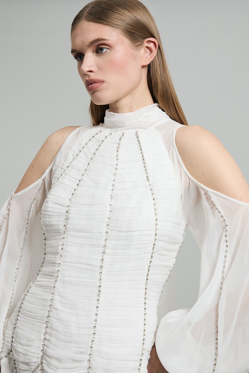 KarenMillen High Neck Embellished Ruched Georgette Woven Maxi Dress