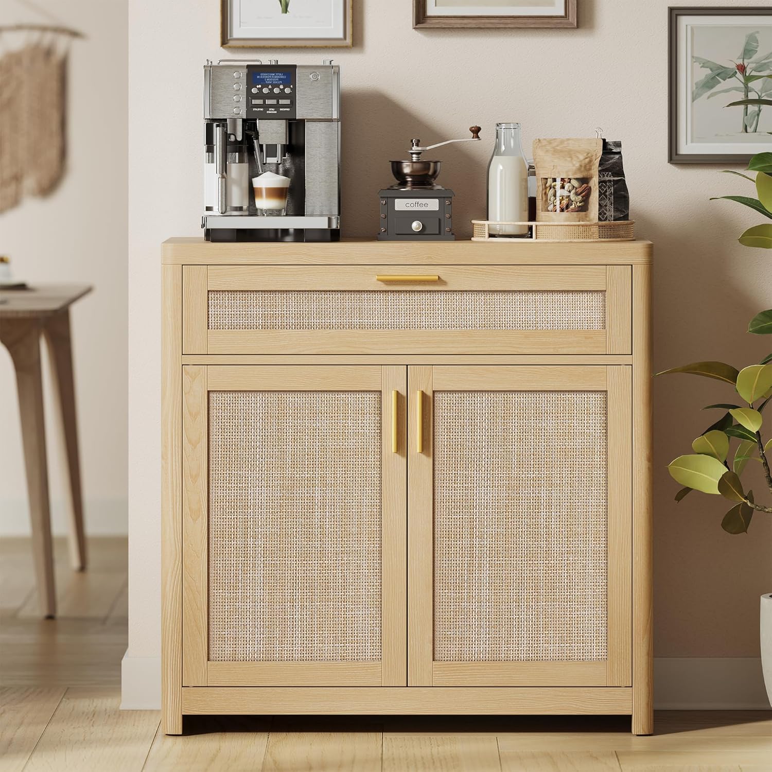 VASAGLE ELLAN Collection - Boho Buffet Cabinet with Rattan-Look Doors, Sideboard Storage Cabinet, Rounded Corners, Adjustable Shelf, Drawer, for Kitchen, Oak Beige UBBK601YC01